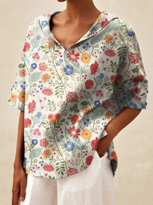 Cotton And Linen Relaxed fit Hoodie Top T shirt White Background Color - Shop at LoveMi