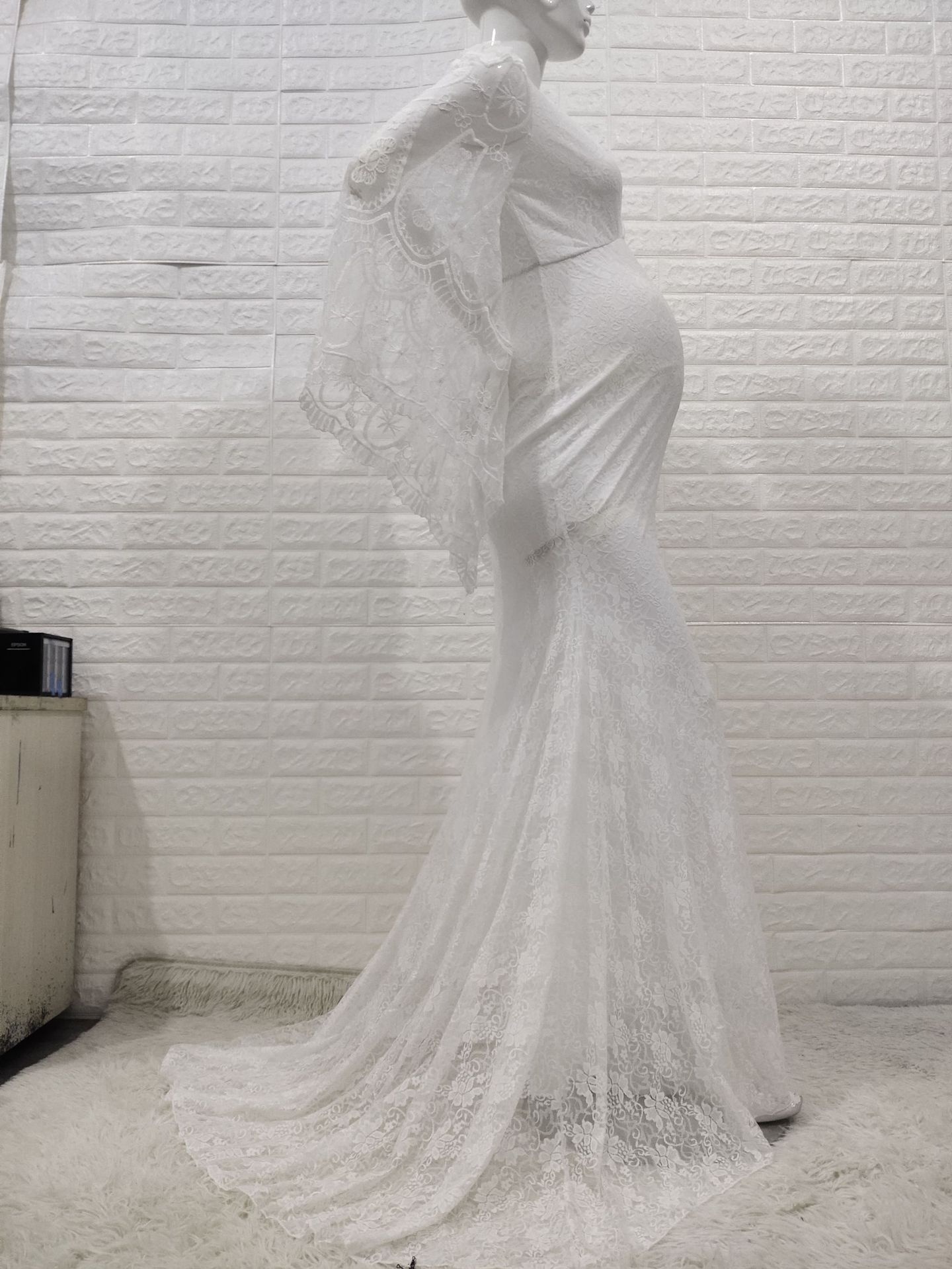 White V-Neck Flared Sleeves Long Tail Dress