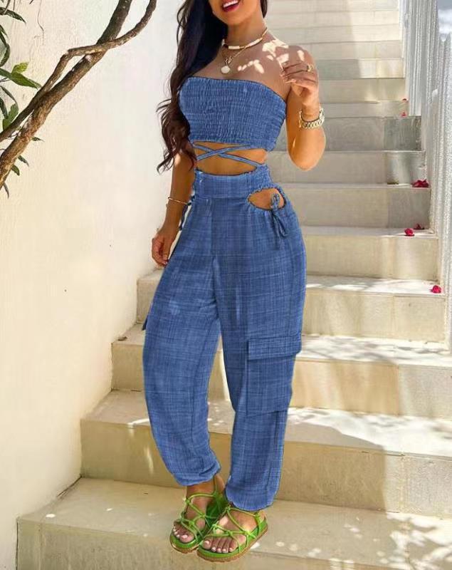 Trendy Chest-wrapped Lace-up Overalls Pocket Denim