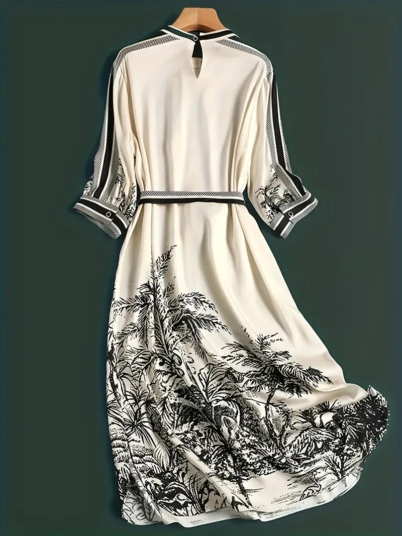 Women's Elegant Floral Dress - A-Line With Waist Tie