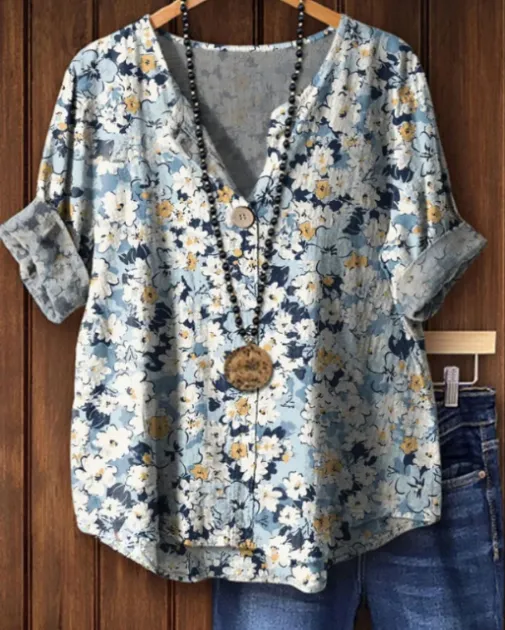 Women's Vintage Dense Floral Print Casual Cotton Linen Shirt Blue - Shop at LoveMi