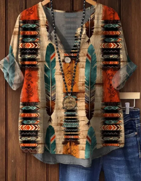 Women's Retro Aztec Feather Art Print Casual Cotton Linen Shirt Khaki - Shop at LoveMi