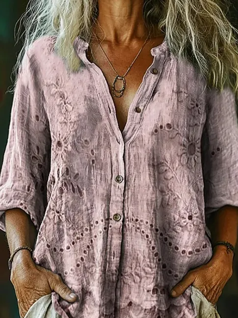 Women's Vintage Floral Texture Print Casual Cotton And Linen Shirt Pink - Shop at LoveMi