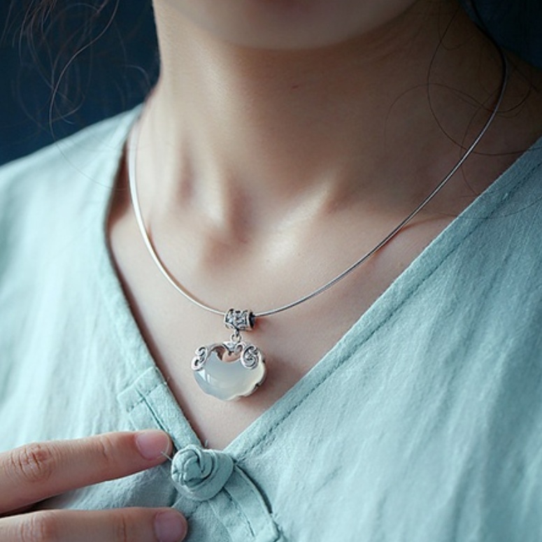 Jade Top Koi Sterling Silver Jade Pendant Natural Chalcedony Longevity Lock Collar