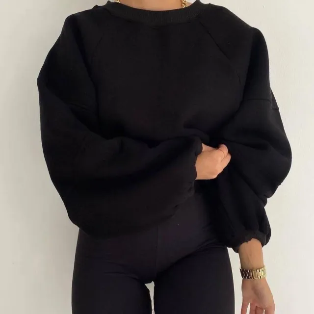 New Round Neck Stitching Long sleeved Pure Sweater For Women Black - Shop at LoveMi