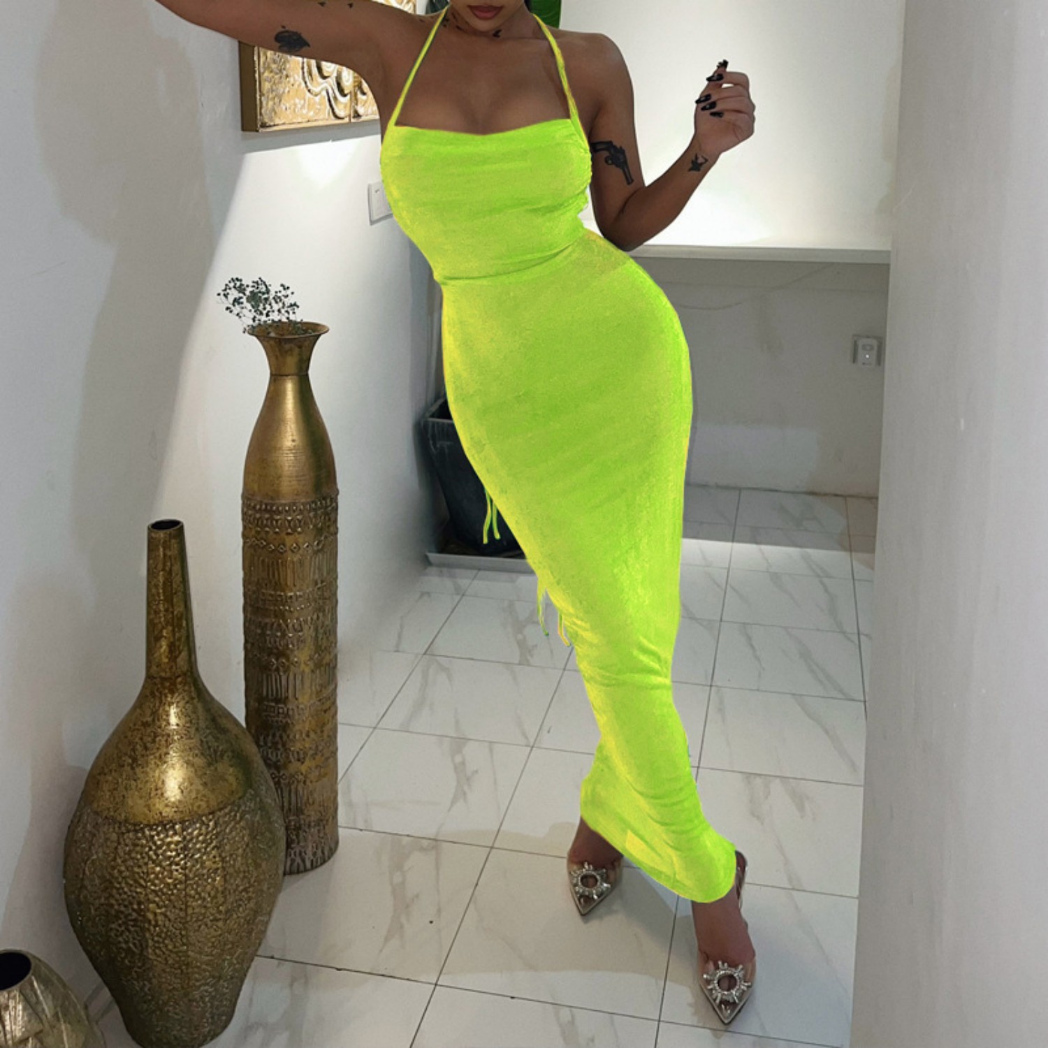 Back Tied Strapless And Neck Hanging Style Dress
