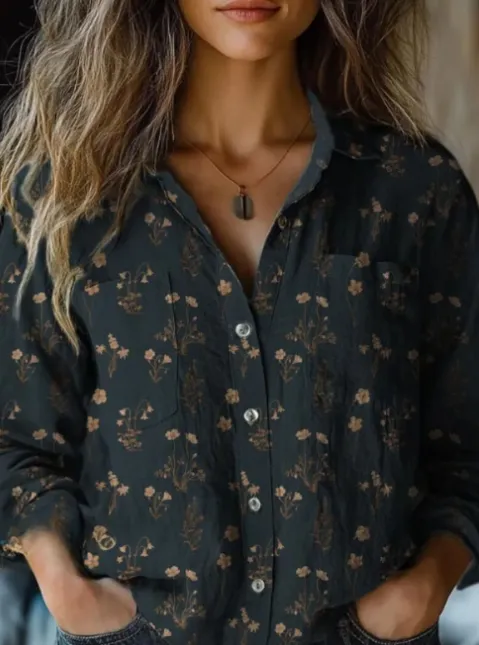 Women's Black Floral Pattern Print Casual Long Sleeve Cotton Shirt Black - Shop at LoveMi