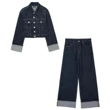 New Women's Hemming Sleeve Denim Jacket Coat Trousers Top And Pants - Shop at LoveMi