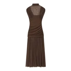 Half Turtleneck Mesh Stitching Long Dress - Brown - View 1
