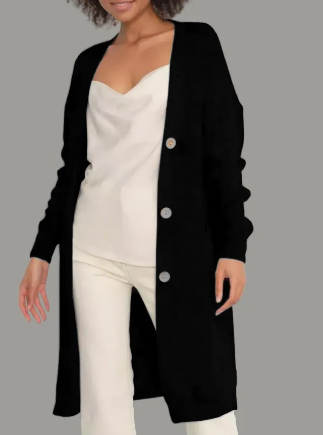 Loose And Versatile Long Sleeved Knitted Cardigan Jacket Button Style Black - Shop at LoveMi