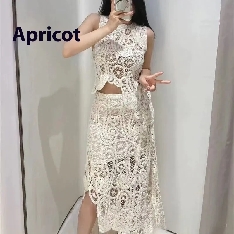 Fashion Round Neck Sleeveless Asymmetric Woven Hollowed Crochet Two-piece Set - Apricot