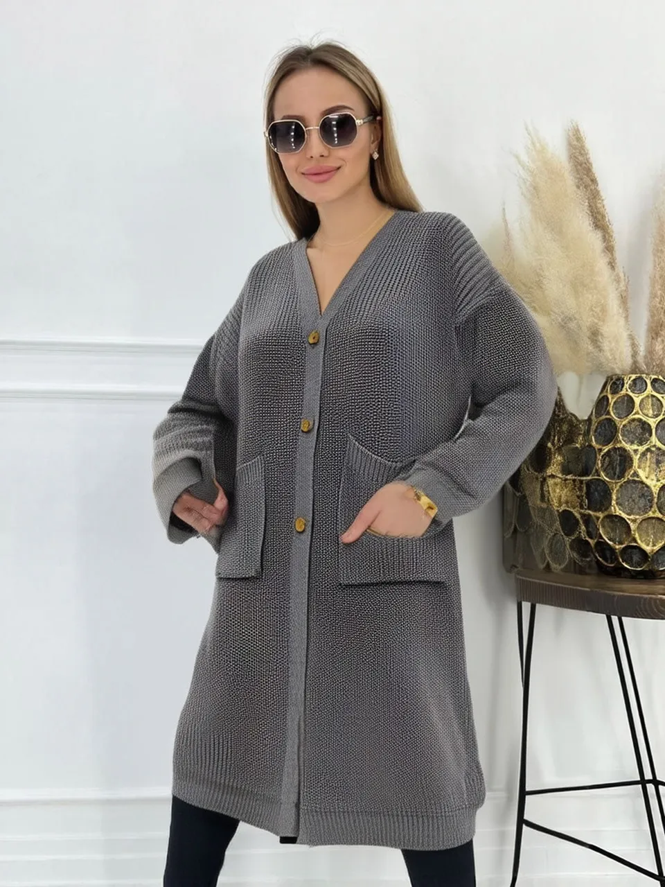 Loose And Versatile Long Sleeved Knitted Cardigan Jacket - Button Style Dark Grey