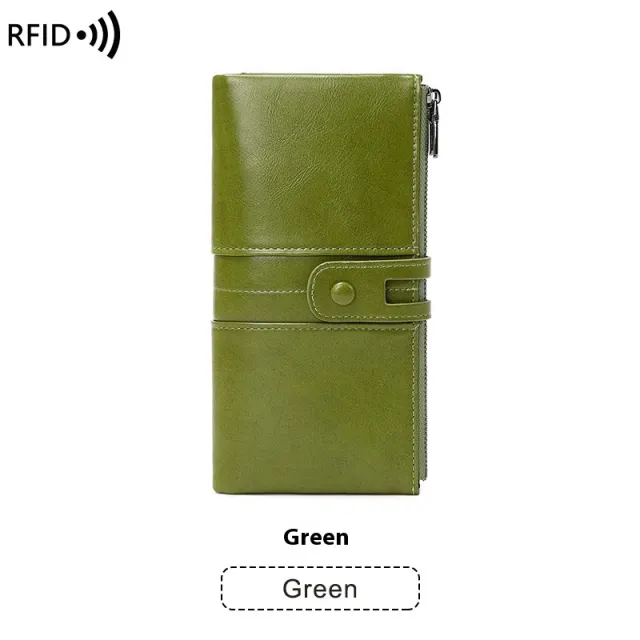 Oil Wax Leather Double Zipper Long European And American New Retro Anti theft Swiping Women's Wallet Green - Shop at LoveMi