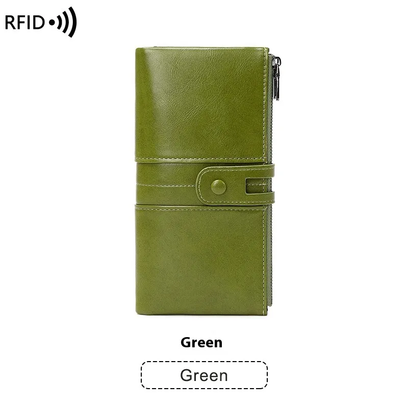 Oil Wax Leather Double Zipper Long European And American New Retro Anti-theft Swiping Women's Wallet - Green