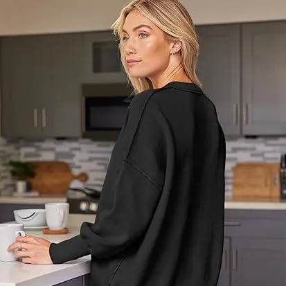 Thick Needle Side Slit Sweater Round Neck Loose Solid Color Batwing Long Sleeve Sweater For Women Black - Shop at LoveMi