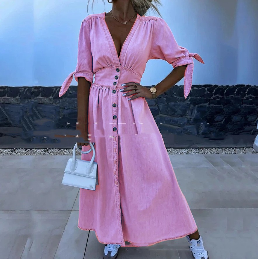 فستان جينز صناعي متوسط الطول بكارديجان ضيق عند الخصر وصدر واحد