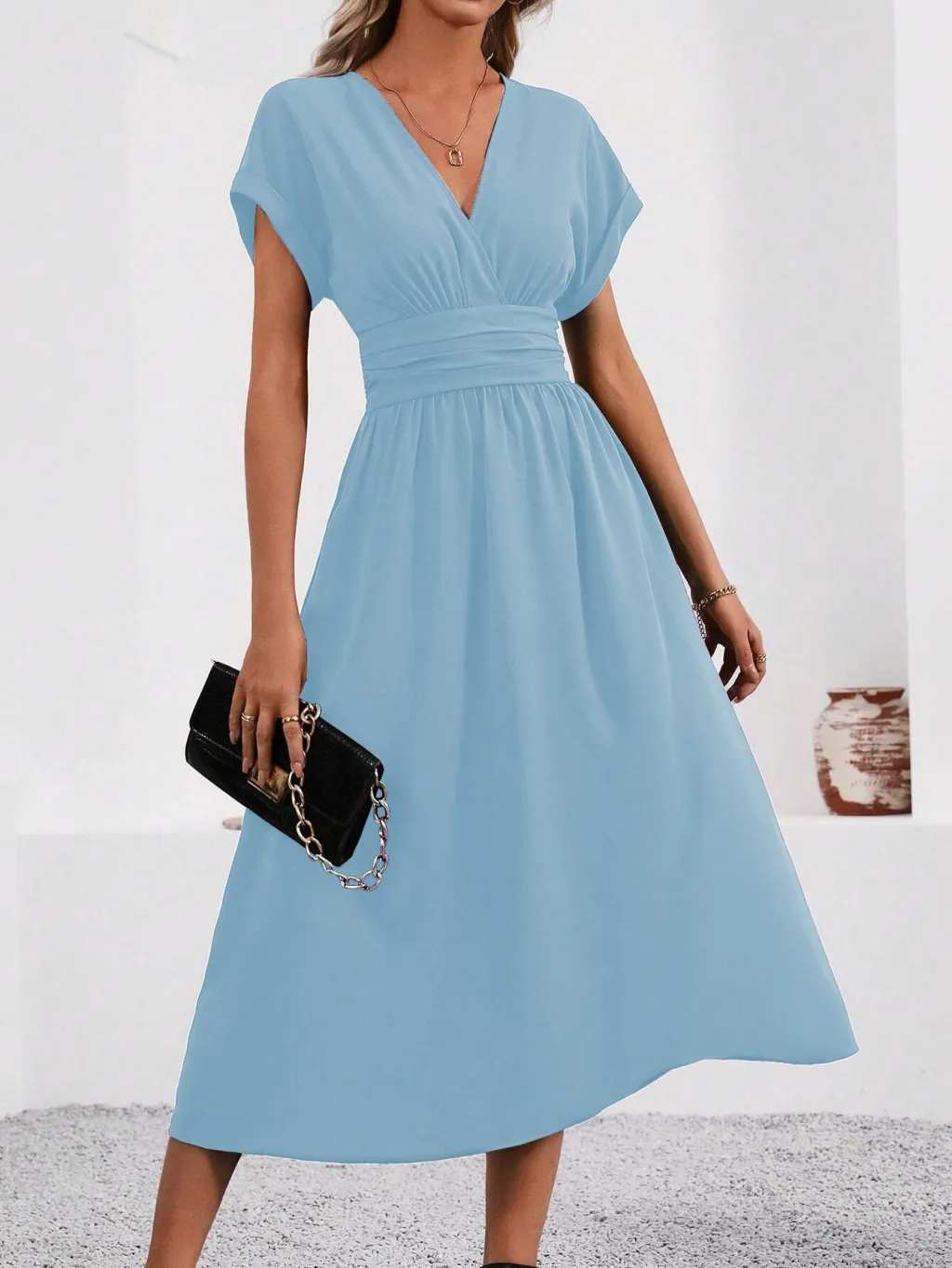 Overlapping V-neck Batwing Sleeve Waist Pleated Elegant Dress - Sky Blue