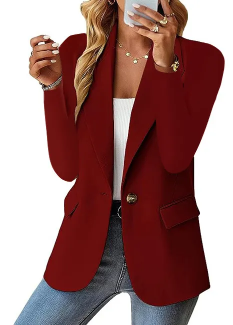 Fashion Casual Women Blazer Long-sleeved Solid Color Casual Cardigan Small Suit Jacket For Women Elegant Office Lady Outerwear - Wine