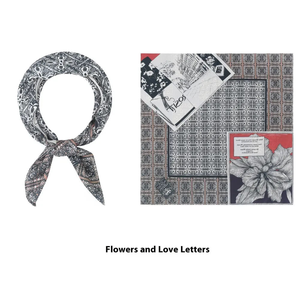 Thin Headcloth Duplex Printing Silk Scarf Square Scarf - Flowers And Love Letters