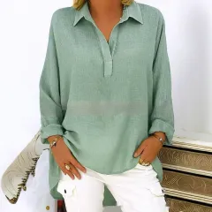 Women's Solid Color Casual Loose Long Sleeve V-neck Shirt - Green - View 1