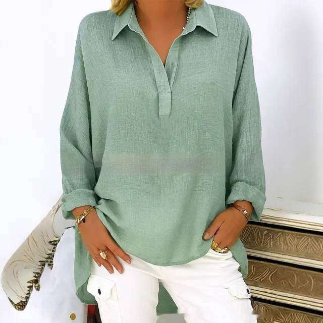 Women's Solid Color Casual Loose Long Sleeve V neck Shirt Green - Shop at LoveMi