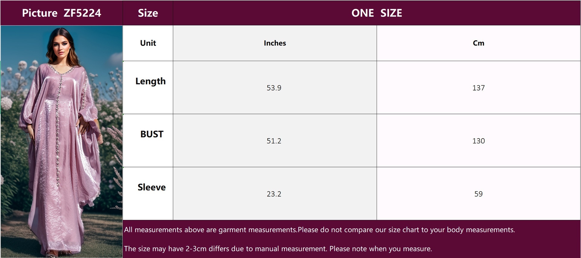 Batwing sleeve cloak dress size chart - detailed measurements