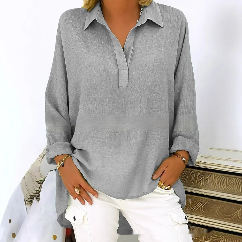 Women's Solid Color Casual Loose Long Sleeve V-neck Shirt - Gray
