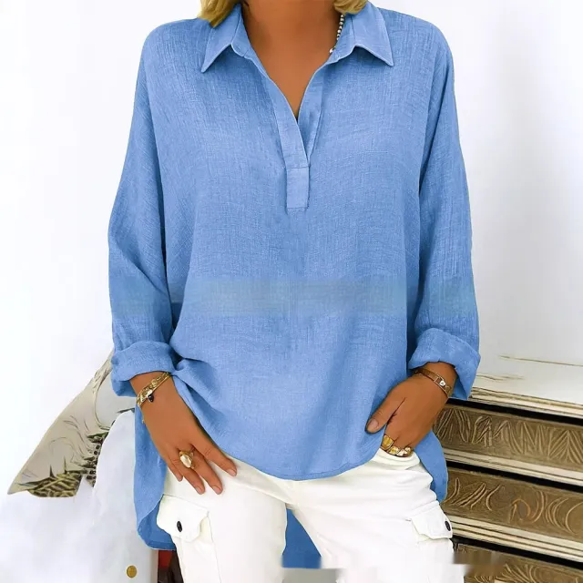 Women's Solid Color Casual Loose Long Sleeve V neck Shirt Blue - Shop at LoveMi