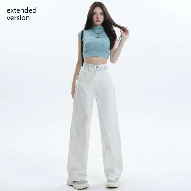 Women's All match Casual Straight leg Wide leg Jeans White Lengthened - Shop at LoveMi