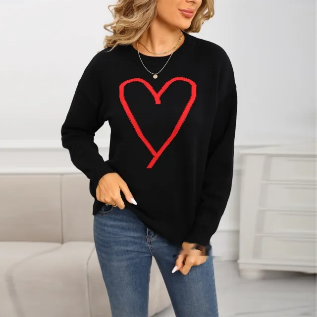 Women's Pullover Heart Knitted Sweater Top Black - Shop at LoveMi