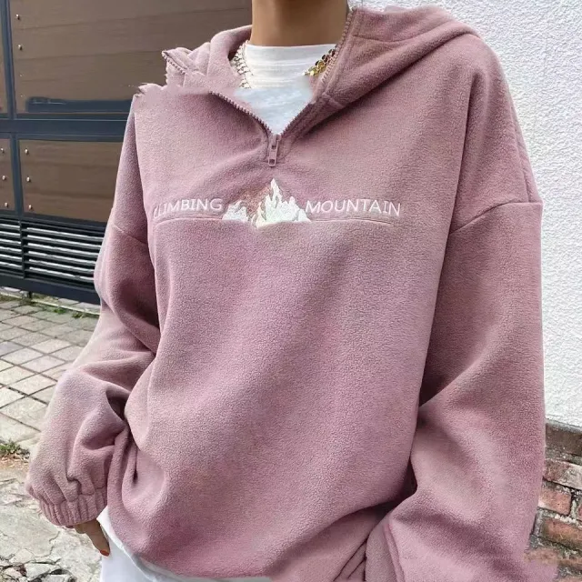 Women's Plush Hooded Zipper Sweatshirt Loose Lotus Root Color - Shop at LoveMi