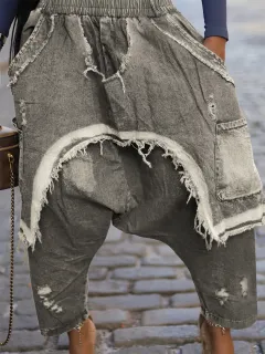 Distressed Brushed Ripped Jeans Fashion Loose Harem Pants - Light Grey - View 1