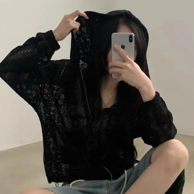 Hollow Jacquard Drawstring Hem Long Sleeve Hooded Lace Coat Black - Shop at LoveMi