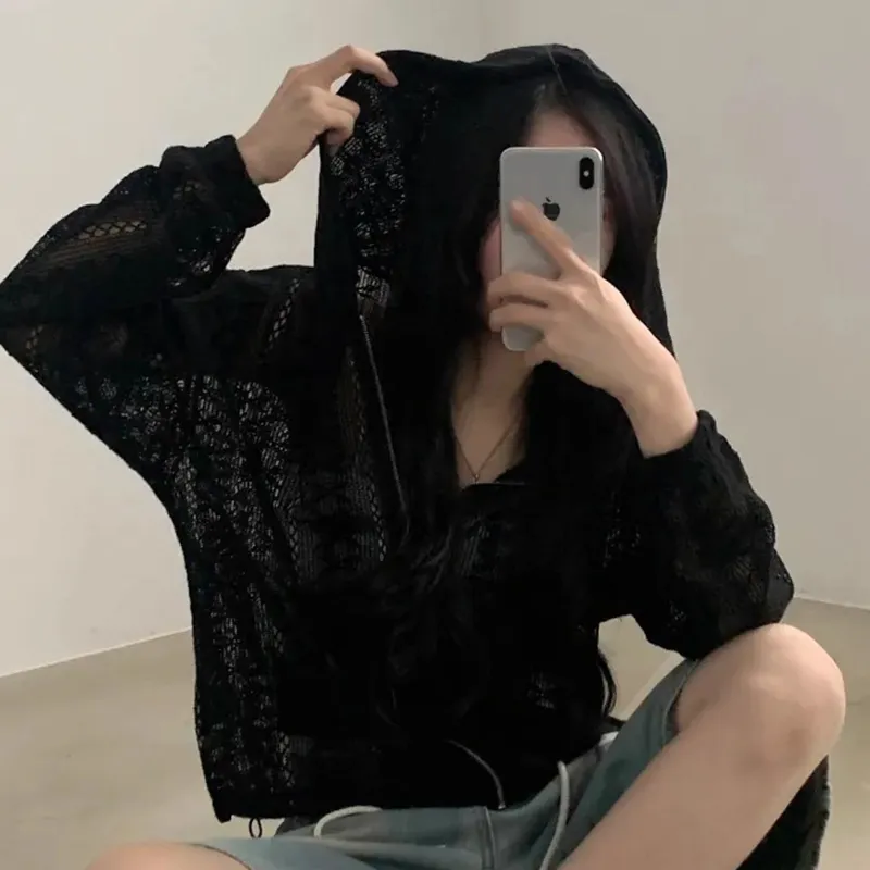 Hollow Jacquard Drawstring Hem Long Sleeve Hooded Lace Coat - Black