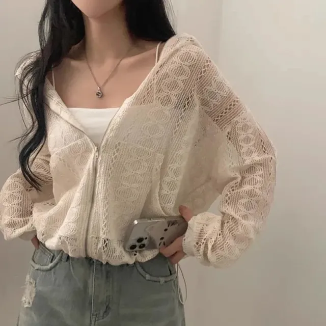 Hollow Jacquard Drawstring Hem Long Sleeve Hooded Lace Coat Apricot - Shop at LoveMi