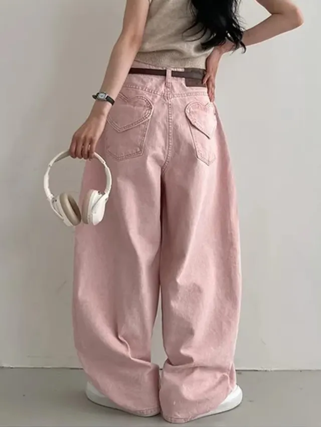 Love Pocket Design Jeans Women's High Waist Wide Leg Pants Pink - Shop at LoveMi