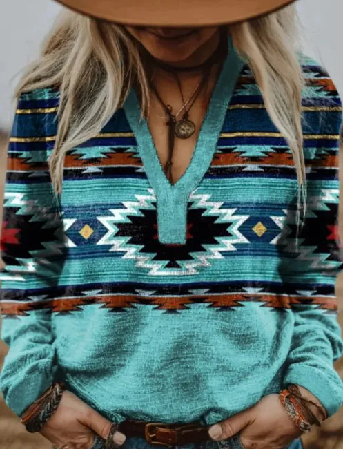 Women's Vintage Aztec Print V neck Long Sleeve Casual Cotton Shirt Blue - Shop at LoveMi