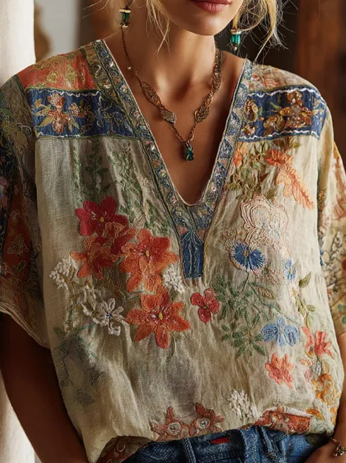 Bohemian Floral Pattern Vintage V neck T Shirt Beige - Shop at LoveMi