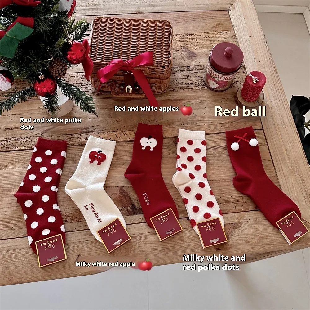 Red Dehaired Angora Polka Dot Mid-calf Creative Christmas Stockings - Red Ball