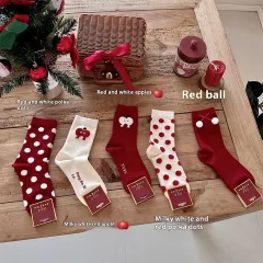 Red Dehaired Angora Polka Dot Mid-calf Creative Christmas Stockings - Red Ball - View 1
