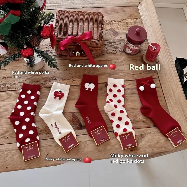 Red Dehaired Angora Polka Dot Mid calf Creative Christmas Stockings Red Ball - Shop at LoveMi