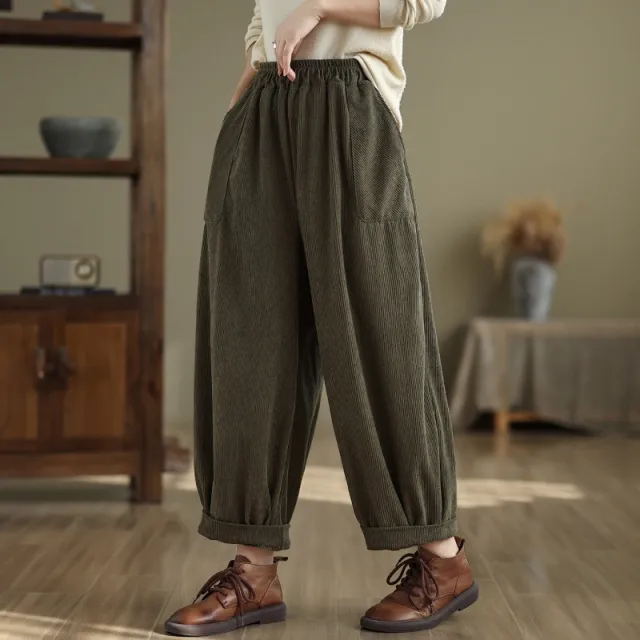 Large Pocket Corduroy Trousers Harem Pants Loose Bloomers Army Green - Shop at LoveMi