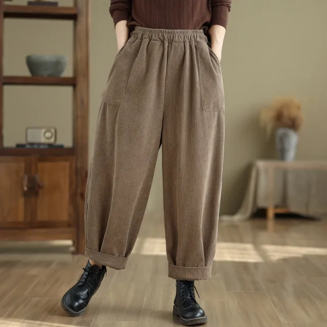 Large Pocket Corduroy Trousers Harem Pants Loose Bloomers Khaki - Shop at LoveMi