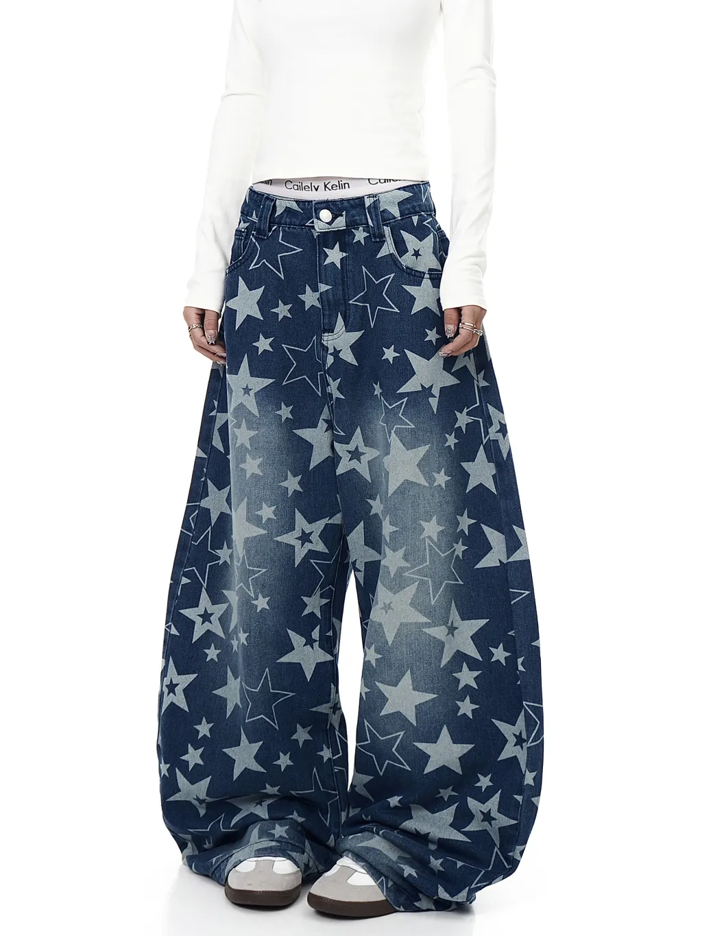 American Retro XINGX Full Printed Distressed Machete Jeans - Blue