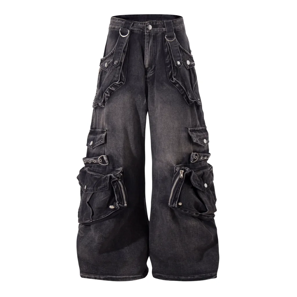 Retro Heavy Industry Multi-pocket Workwear Jeans - Black