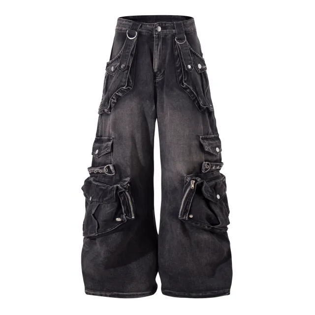 Retro Heavy Industry Multi pocket Workwear Jeans Black - Shop at LoveMi