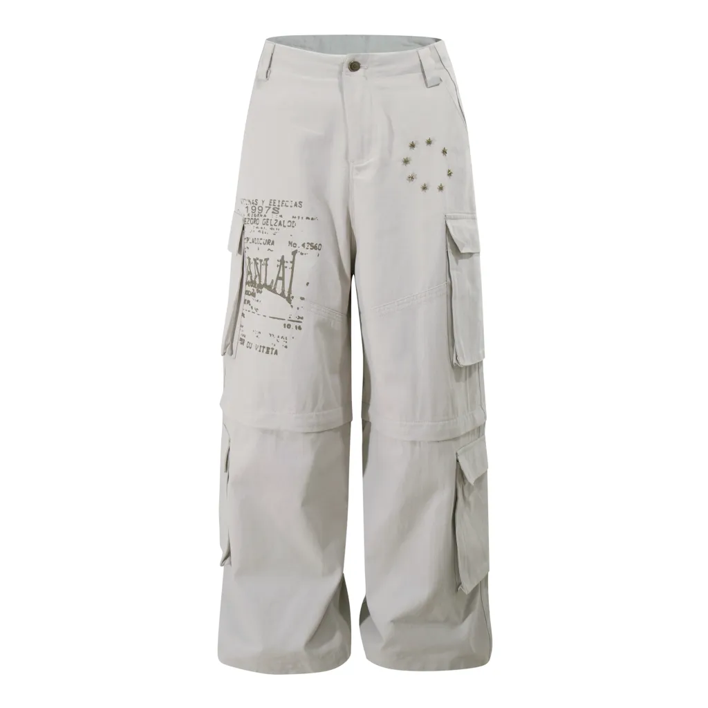 Removable Multi-pocket Cargo Pants Loose Wide-leg Pants - Grey