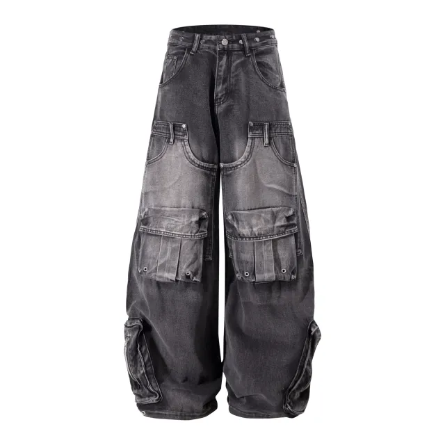 Retro Washed Distressed Multi pocket Cargo Pants Loose Wide Leg Jeans Distressed Black - Shop at LoveMi