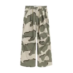 Retro Drawstring Pleated Camouflage Overalls Straight Loose Wide-leg Pants - Camouflage Colour - View 1