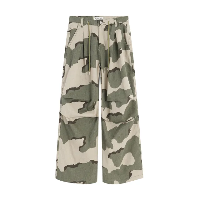 Retro Drawstring Pleated Camouflage Overalls Straight Loose Wide leg Pants Camouflage Color - Shop at LoveMi
